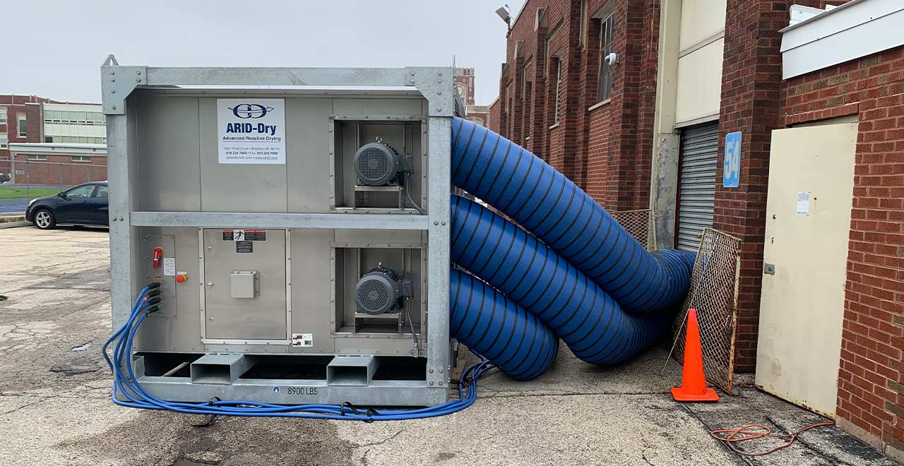 High-capacity commercial HVAC rental unit with flexible ducting for industrial cooling solutions.